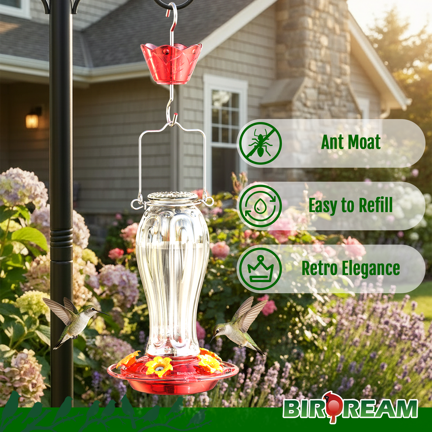 BD514 Glass Hummingbird Feeder (Transparent Red)
