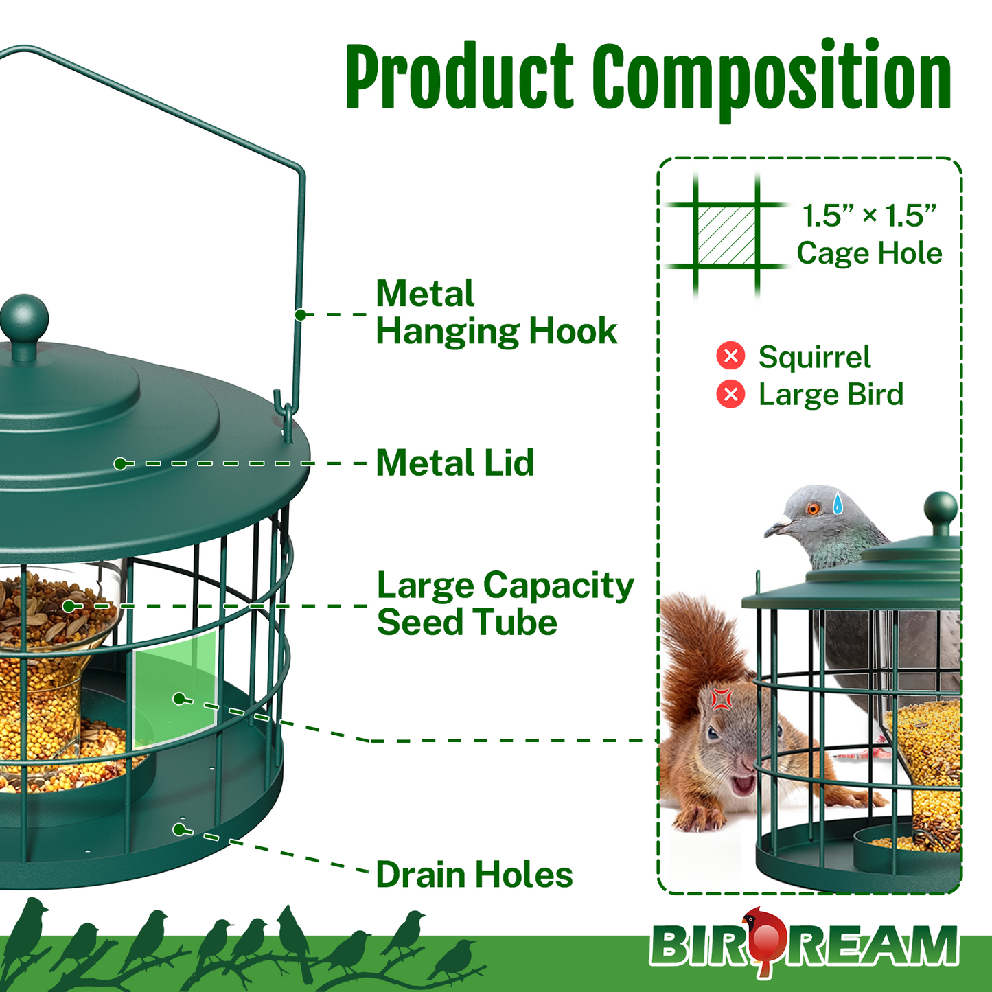 BD606 Metal Cage Bird Feeder (Green)