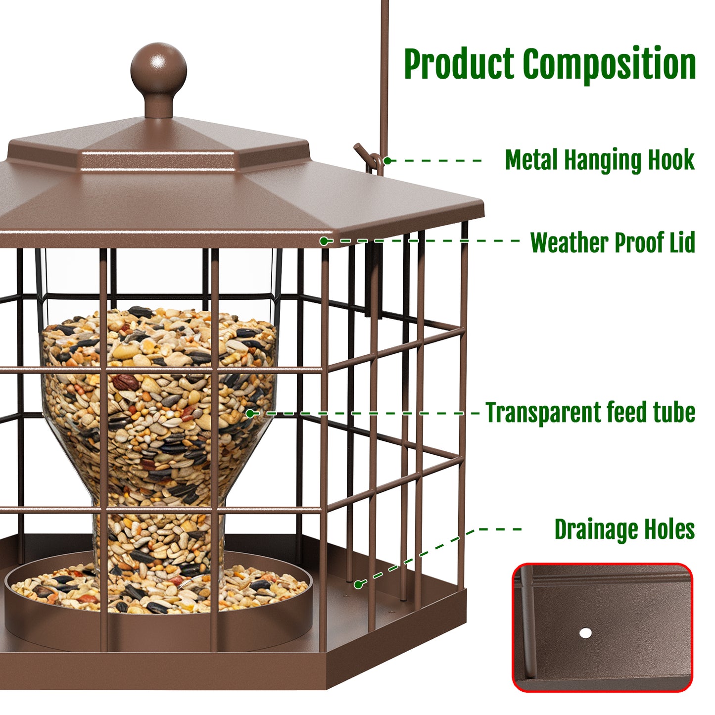 BD607 Metal Cage Bird Feeder (Brown)