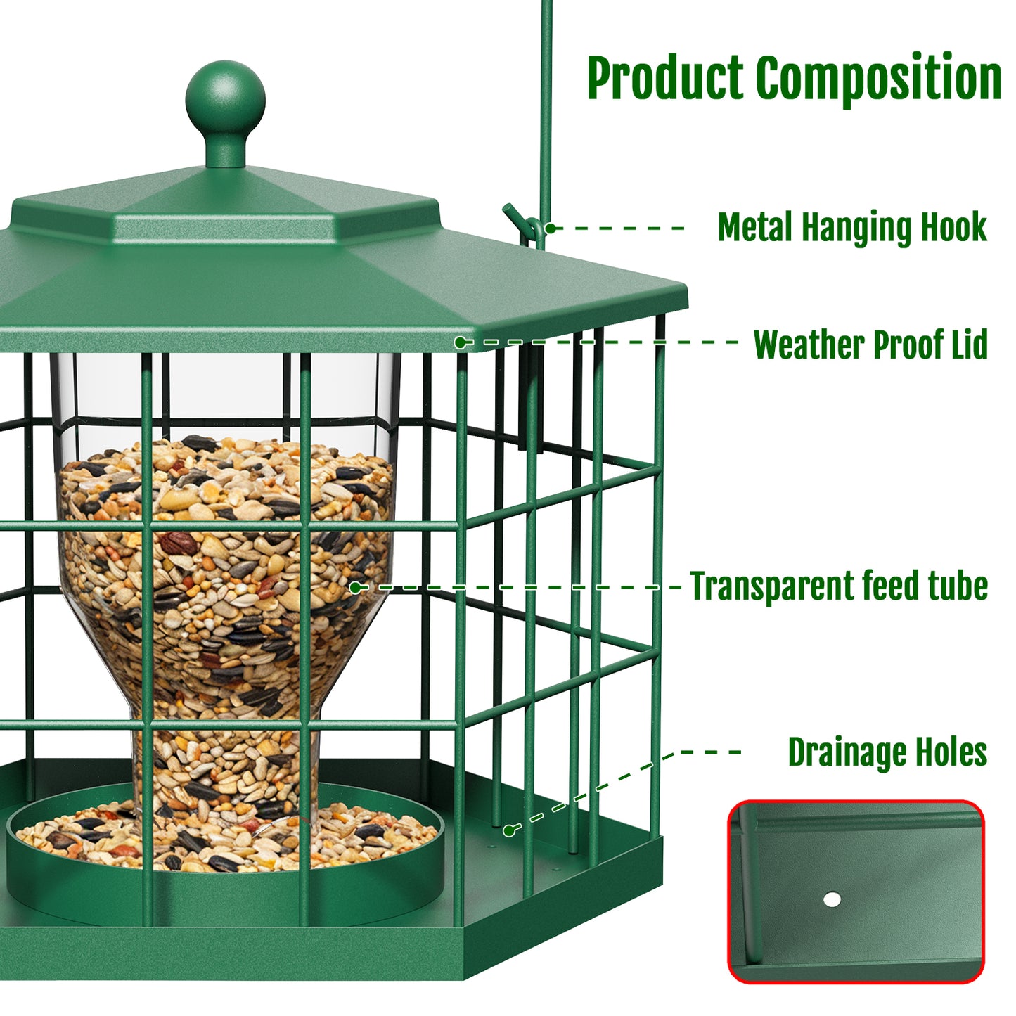 BD607 Metal Cage Bird Feeder (Green)