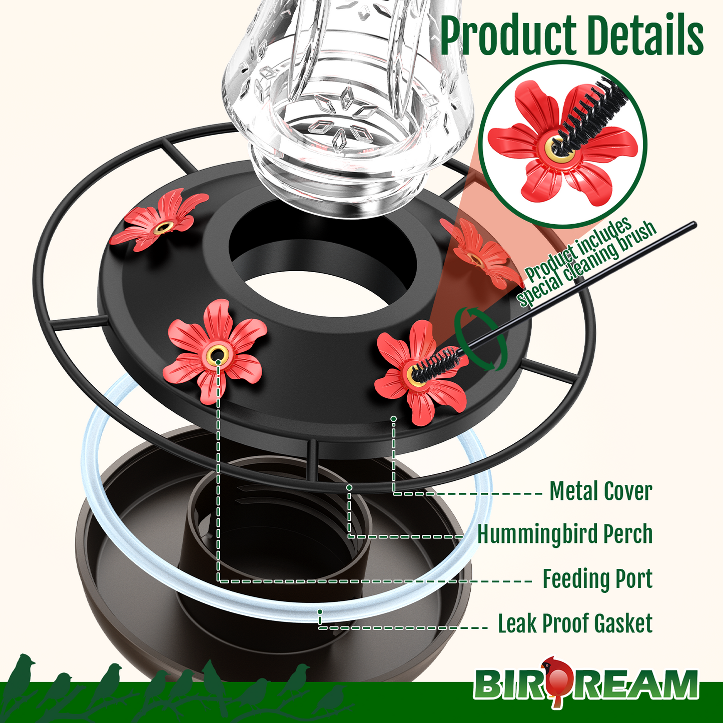 BD515 Glass Hummingbird Feeder (Transparent Red)