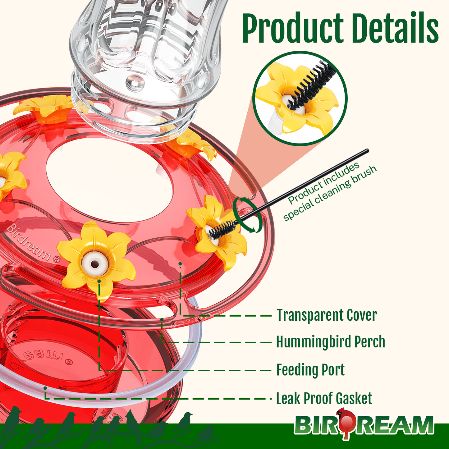 BD514 Glass Hummingbird Feeder (Transparent Red)